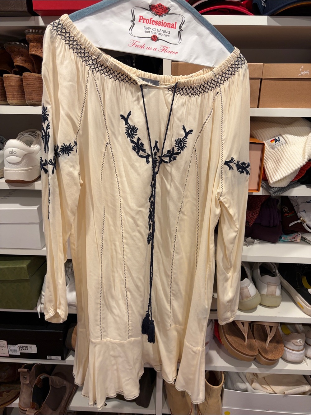 Neiman Marcus Cream Mini Dress with Navy Embroidery